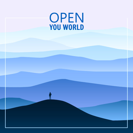 Minimalistic mountain landscape, silhouettes, open your world, lonely explorer, horizon, perspective, vector, illustration, isolatedの写真素材