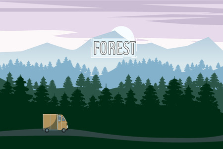 Highway drive with beautiful spruce forest landscape. Highway drive adventure travel Summer driving. Mountains horizon. Vector cartoon style, isolatedの写真素材