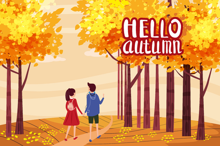 Hello autumn, Autumn alley, couple guy and girl characters walking along the path in the park, fall, autumn leaves, mood, color, vector, illustration, cartoon style, isolatedの写真素材