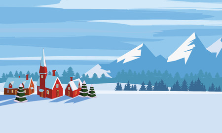 Winter landscape, cartoon minimal style. Horizon, panorama, snow-covered trees, village, mountains, ate, pine. Vector, illustration, isolated, template, poster, bannerの写真素材