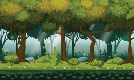 Cartoon illustration of background forest. Bright forest woods, silhouttes, trees with bushes, ferns and flowers. For design game, apps, websites. Vector, cadroon style, isolatedの写真素材
