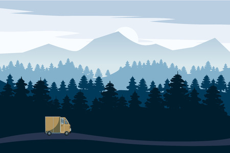 Highway drive with beautiful spruce forest landscape. Highway drive adventure travel Summer driving. Mountains horizon. Vector cartoon style, isolatedの写真素材