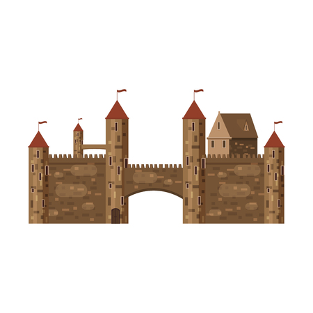 Castle, fortress, ancient, architecture middle ages Europe, Medieval palace with high towers and conical roofs, vector, banners, isolated, illustration, cartoon styleのイラスト素材