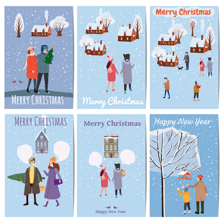 Set Christmas market cards posters flyers. Illustrations of funny cartoon flat characters in winter landscape on the big Christmas sale. Isolated, vectorの写真素材