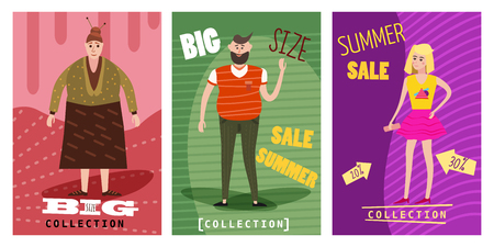 Cards for selling clothes, different sizes, characters for men and women, large-scale clothing, modern style graphics, posters, banners, advertising, vector, isolatedの写真素材