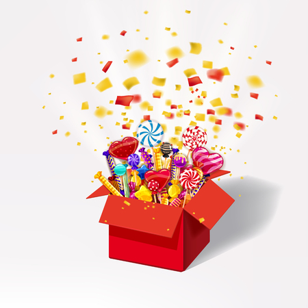 Christmas sweet gift box. Open 3d-red box with yum, candy, jelly, sweets. Blast of paper confettiのイラスト素材
