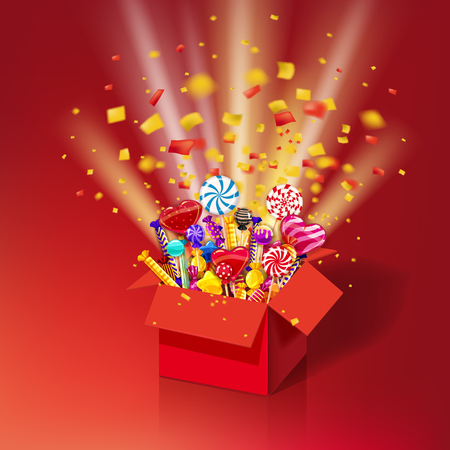 Christmas sweet gift box. Open 3d-red box with yum, candy, jelly, sweets. Blast of paper confetti. Festive surprise with candy. Sweet party icon with lighting effects and particles. Template, greeting card, illustration, vector, banner, isolatedの写真素材