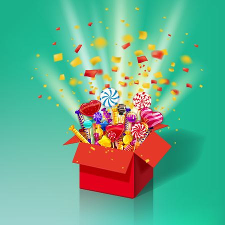 Christmas sweet gift box. Explosion of paper confetti. Open 3d-red box with yum, candy, jelly, sweets. Festive surprise with candy. Sweet party icon with lighting effects and particles. Template, greeting card, illustration, vector, banner, isolatedの写真素材