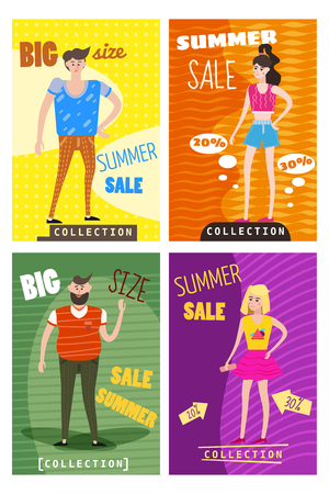 Set of sale cards of young men s and women s clothes, different sizes, discounts, new collection, big size, vector, illustrationのイラスト素材