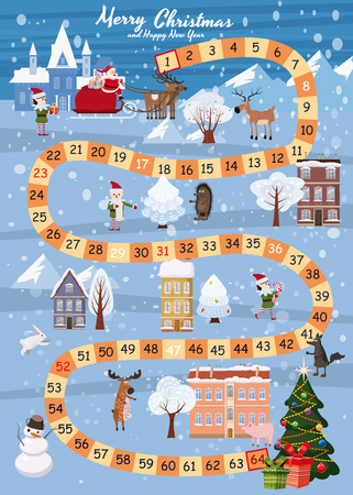 Board game Merry Christmas and Happy New Year. Santa Claus in a sleigh on the Magic Deer rides through the winter country to the Christmas tree. Forest animals, snowman, helpers Elves, vector, illustration, isolated, banner, templateの写真素材