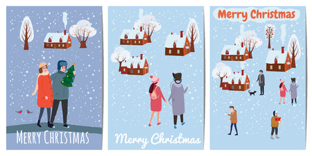 Merry Christmas and Happy New Year, card template with people characters, men and women in winter clothes, trend retro cartoon to style vector, illustration, isolated, banner, templateのイラスト素材