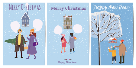 Merry Christmas and Happy New Year, card template with people characters, men and women in winter clothes, trend retro cartoon to style vector, illustration, isolated, banner, templateの写真素材