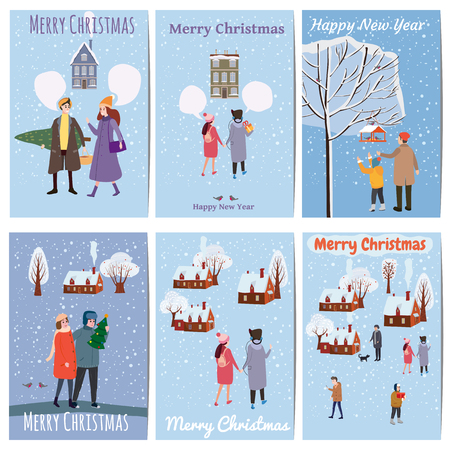 Merry Christmas and Happy New Year, card template with people characters, men and women in winter clothes, trend retro cartoon to style vector, illustration, isolated, banner, templateの写真素材