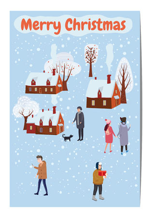 Merry Christmas and Happy New Year, card template with people characters, men and women in winter clothes, with gift box, trend retro cartoon to style vector, illustration, isolated, banner, templateの写真素材