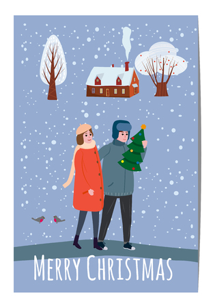 Merry Christmas and Happy New Year, card template with people characters, men and women in winter clothes, with gift box, Christmas tree, trend retro cartoon to style vector, illustration, isolated, banner, templateの写真素材