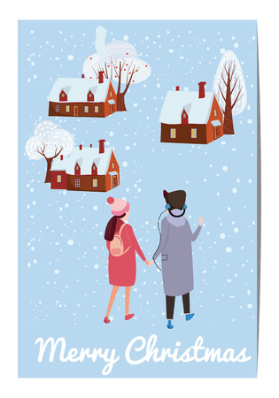 Merry Christmas and Happy New Year, card template with people characters, men and women in winter clothes, trend retro cartoon to style vector, illustration, isolated, banner, templateのイラスト素材