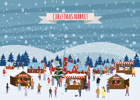 Christmas market or holiday outdoor fair on town square. People walking between decorated stalls, canopy or kiosks, buying snacks,gifts, decoration and drinking hot coffe, tea and mulled wine. Colorful vector illustration in trend cartoon flat style. Isolatedの写真素材