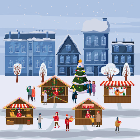 Christmas market or holiday outdoor fair on town square. Christmas tree. People walking between decorated stalls, canopy or kiosks, buying snacks,gifts, decoration and drinking hot coffe, tea and mulled wine. Colorful vector illustration in trend cartoon flat style. Isolatedの写真素材