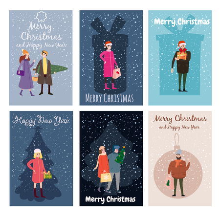 Merry Christmas and Happy New Year, card template with people characters, men and women in winter clothes, trend retro cartoon to style vector, illustration, isolated, banner, templateの写真素材