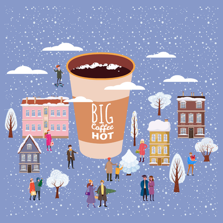 A big cup of coffee, people of men and women in winterのイラスト素材