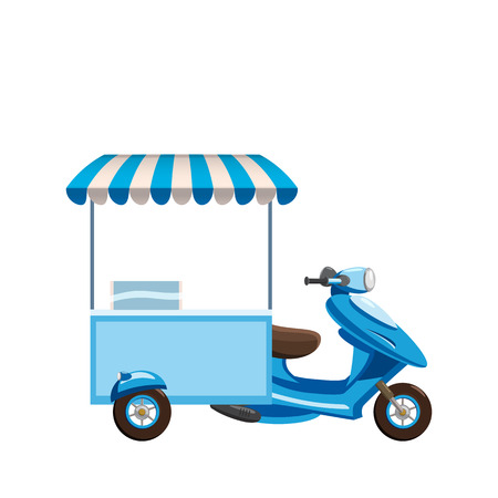 Scooter vector template for branding and advertising isolated on white. Side view with stuff, Van for Brand Identity street cafe and Fast-Food transport. Isolated, flat cartoon styleのイラスト素材