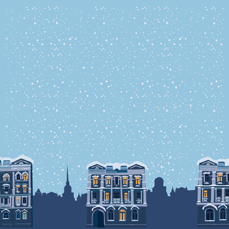 Winter night landscape. Silhouettes of houses the residential district of the old town and the lonely passerby. Vector, illustration, isolatedの写真素材