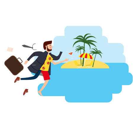 Businessman travels from winter to summer, to a tropical resort, for advertisingのイラスト素材