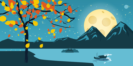 Night in the forest vector illustration with starry sky, trees and mountainsのイラスト素材