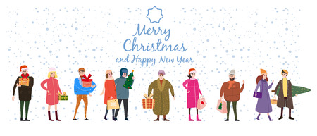 Merry Christmas and Happy New Year, card template with people characters, men and women in winter clothesのイラスト素材