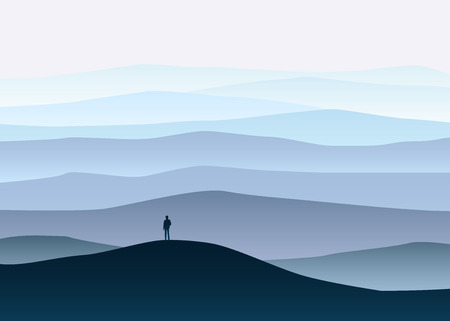 Minimalistic mountain landscape, lonely explorer, horizon perspective vectorのイラスト素材