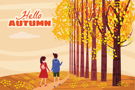 Hello autumn, Autumn alley, couple guy and girl characters walking along the path in the park, fall, autumn leavesのイラスト素材