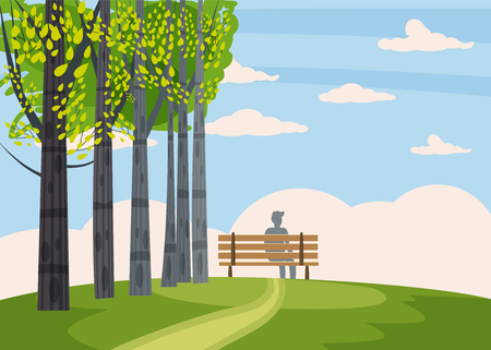 Autumn landscape, trees with yellow leaves, lonely bench for contemplation of autumn nature, vectorのイラスト素材