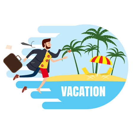 Businessman travels from winter to summer, to a tropical resort, for advertisingのイラスト素材