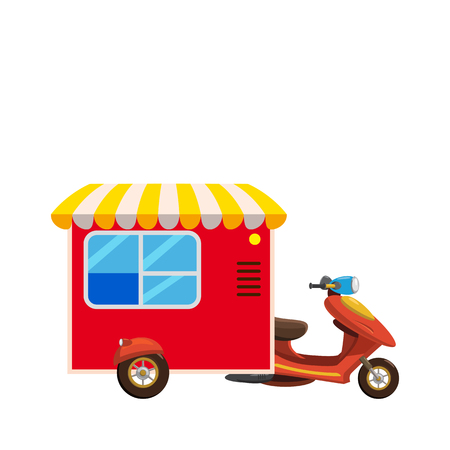 Scooter vector template for car branding and advertising isolated on white. Side view with stuff, Van for Brand Identity street cafe and Fast-Food transport. Isolated, flat cartoon styleのイラスト素材