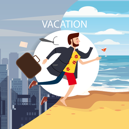 Businessman travels from winter to summer, from a gray winter city to a tropical resort, for advertisingのイラスト素材