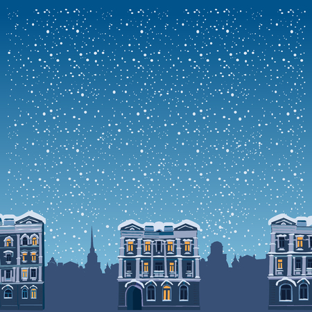 Winter night landscape. Silhouettes of houses the residential district of the old townのイラスト素材