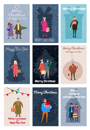 Merry Christmas and Happy New Year, card template with people characters, men and women in winter clothesのイラスト素材