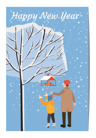 Merry Christmas and New Year, a car template with the characters of a man and a child in winter clothesのイラスト素材