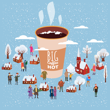 A big cup of coffee, people of men and women in winterのイラスト素材