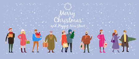 Merry Christmas and Happy New Year, card template with people characters, men and women in winter clothesのイラスト素材
