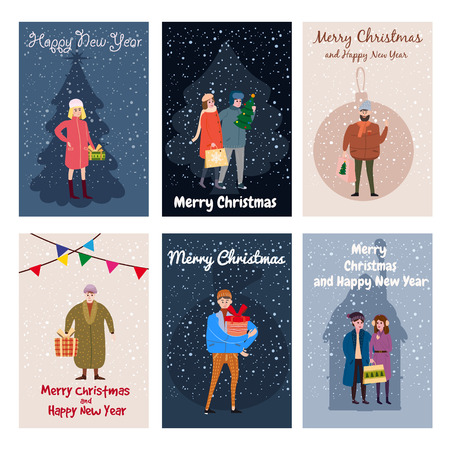 Merry Christmas and Happy New Year, card template with people characters, men and women in winter clothesのイラスト素材