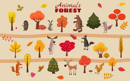 Set of cute forest animals bear, raccoon, squirrel, hare, fox, wolf, hedgehog, moose deer autumn leaves treesのイラスト素材