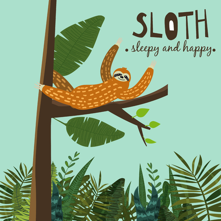 Cute funny sloth hanging on the tree. Sleepy and happy. Adorable hand drawn cartoon animal illustration. Vector cute sloth for greeting card, invites, poster, banner, t-shirt print, background,isolatedのイラスト素材