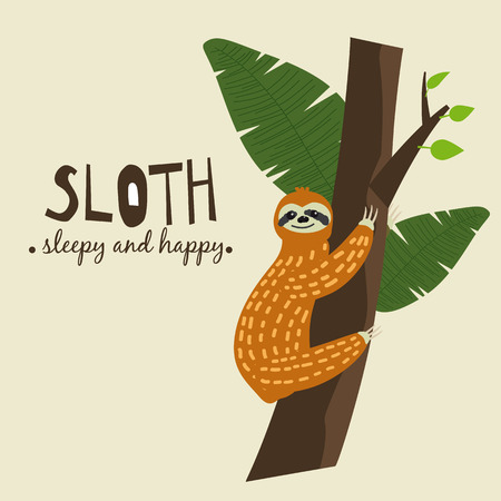 Cute funny sloth hanging on the tree. Sleepy and happy. Adorable hand drawn cartoon animal illustrationのイラスト素材