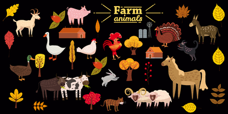 Big set of farm animals, pig, rabbit, cow, bull, cat, dog goose duck turkey donkey goat sheep ramのイラスト素材