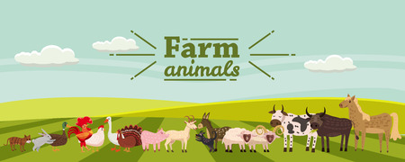 Farm animals and birds set in trendy cute style, including horse, cow, donkey, sheep, goat, pig, rabbit, duck, goose, turkey roosterram dog cat bull and chickenのイラスト素材