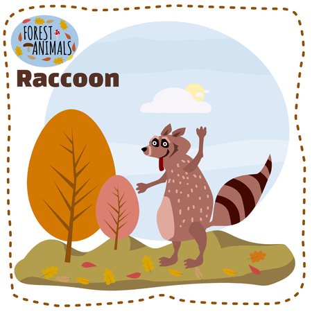 Cute cartoon raccoon on background landscape forest illustration, vectorのイラスト素材