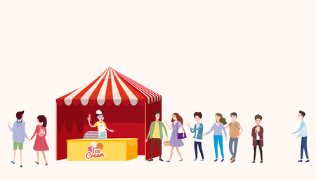Trade tent, ice cream counter, seller under a canopy, selling ice cream, drinks, corn, fast food, sweets. People, sellers and buyersのイラスト素材