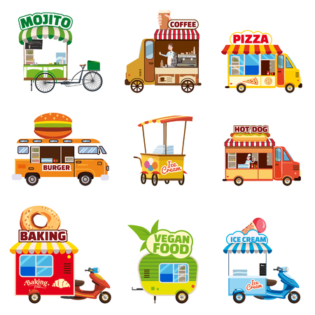 Set of street vehicles, buses, minivans, trucks, kiosks, pizza, BBQ, ice cream vegan food hot dog bakingのイラスト素材