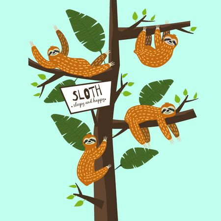 Set Cute funny sloth hanging on the tree. Sleepy and happy. Adorable hand drawn cartoon animal illustrationのイラスト素材